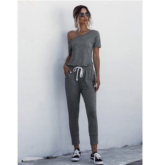 Contrast Tie Short Sleeve Grey Jumpsuit - Picture 7 of 16